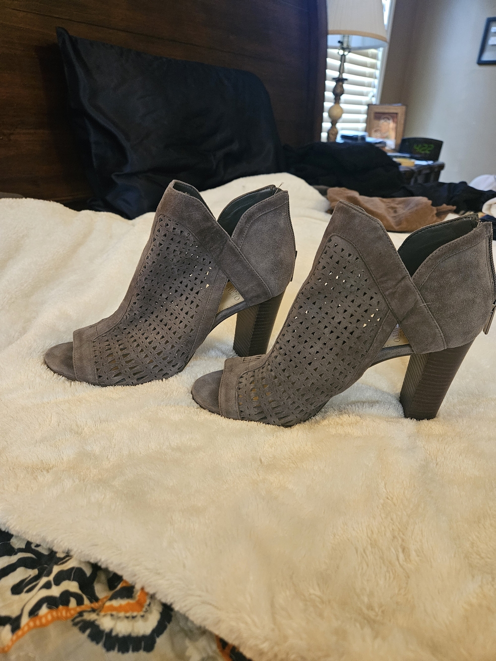 Vince Camuto Gray Suede Peep-Toe Cutout Heel Booties